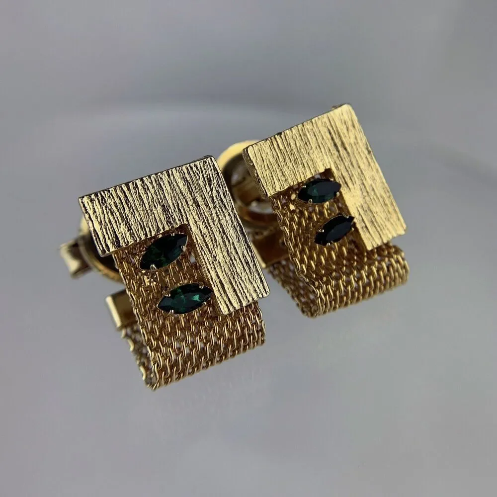 Modernist Block Green Rhinestones Gold Tone Mesh Wrap Cufflinks Vintage N1